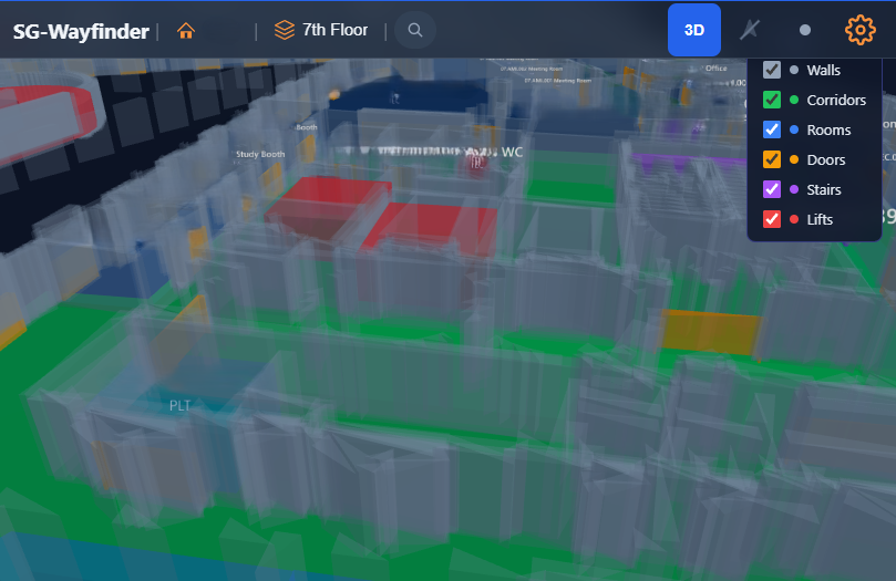Wayfinder 3D view — an extruded floor with a layer panel toggling walls, corridors, rooms, doors, stairs and lifts
