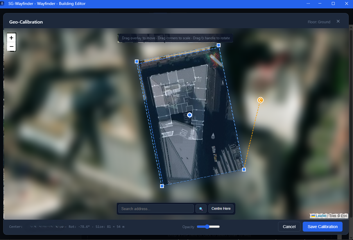 Wayfinder Geo-Calibration — a floor plan overlaid on satellite imagery, being dragged and rotated onto the real building footprint